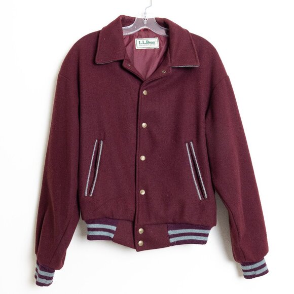 Vintage L.L. Bean Wool Varsity Bomber Jacket Burgundy Unisex Small - Picture 1 of 13